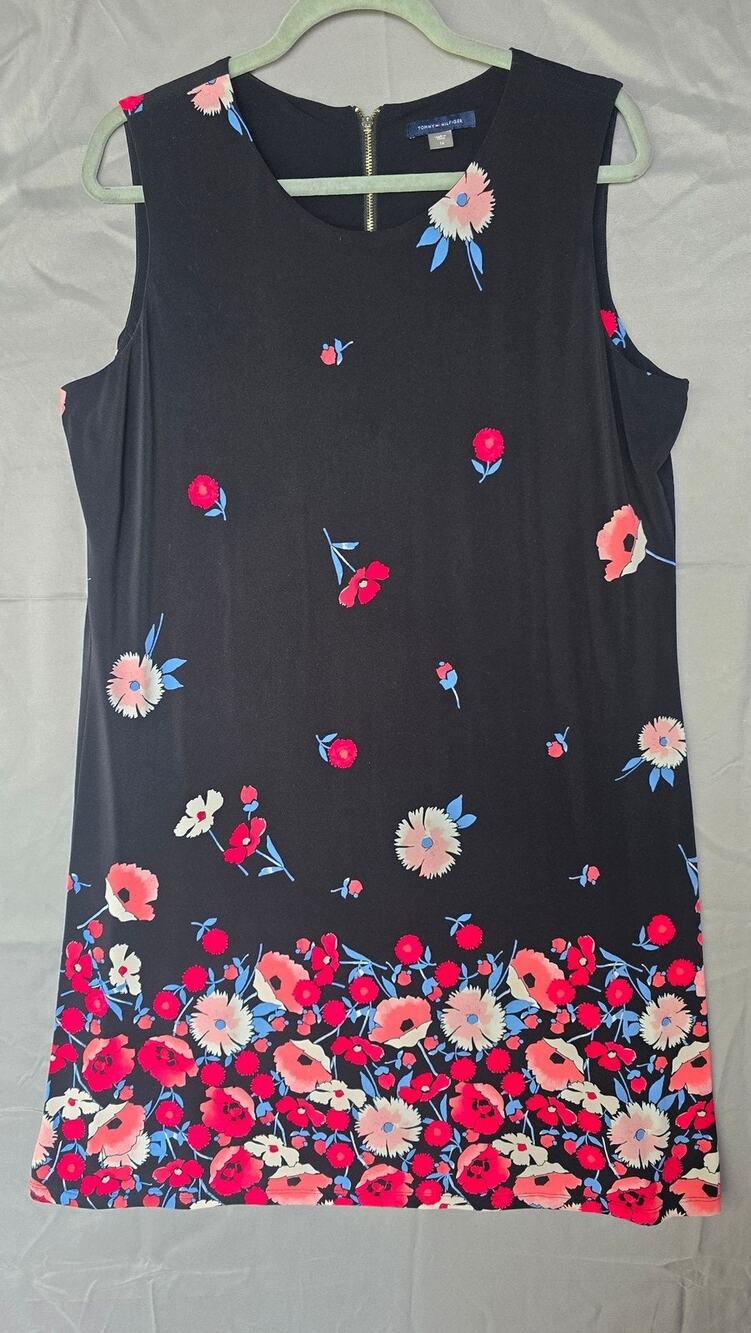 Tommy Hilfiger Dress Womens 16 Black Floral Sleeveless Shift Knee Length Jersey